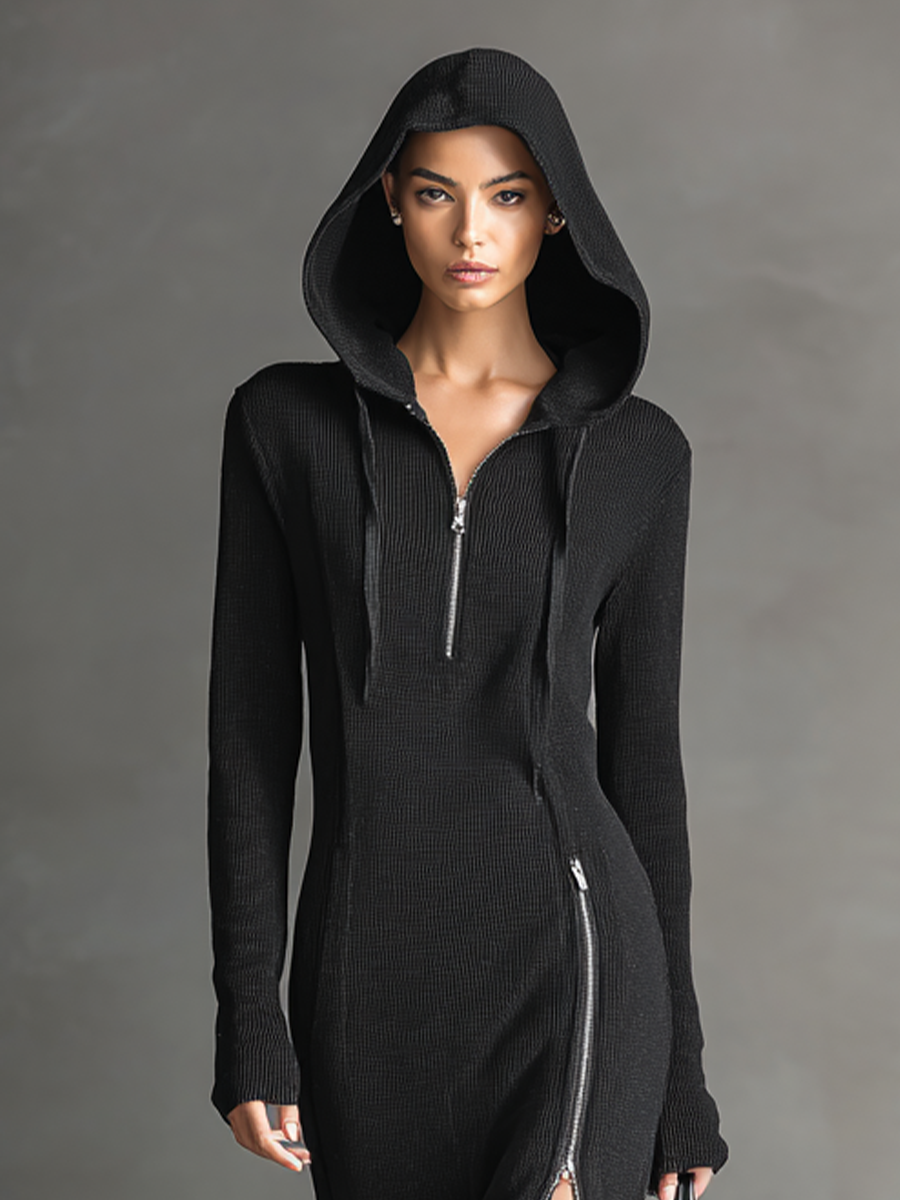 Women's Urban Style Black Ribbed Knit Air Layer Hooded Zip-up Midi Dress MDZ1305A2BA