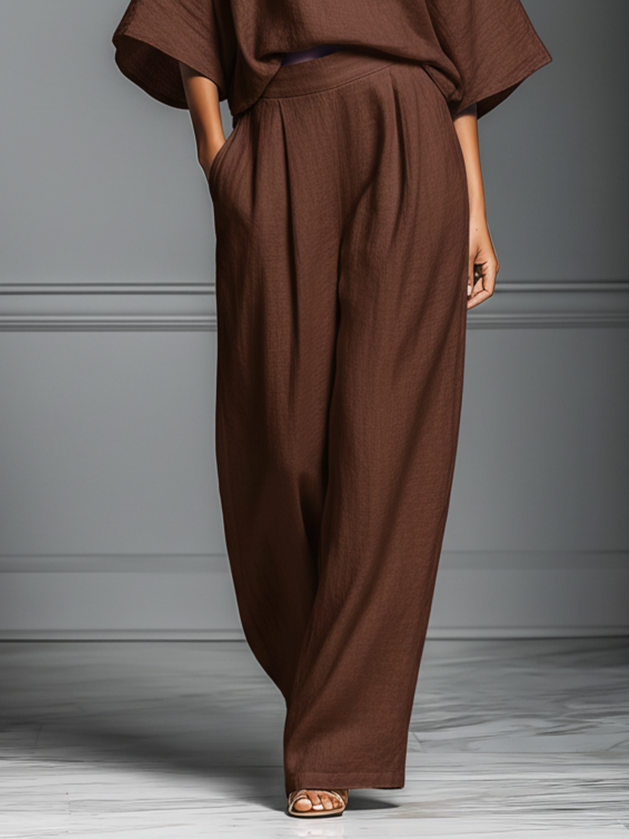 Women's Brown Cotton And Linen Blend Oversized Short-Sleeve Blouse & Wide-Leg Pants Set MDZ1319A4T