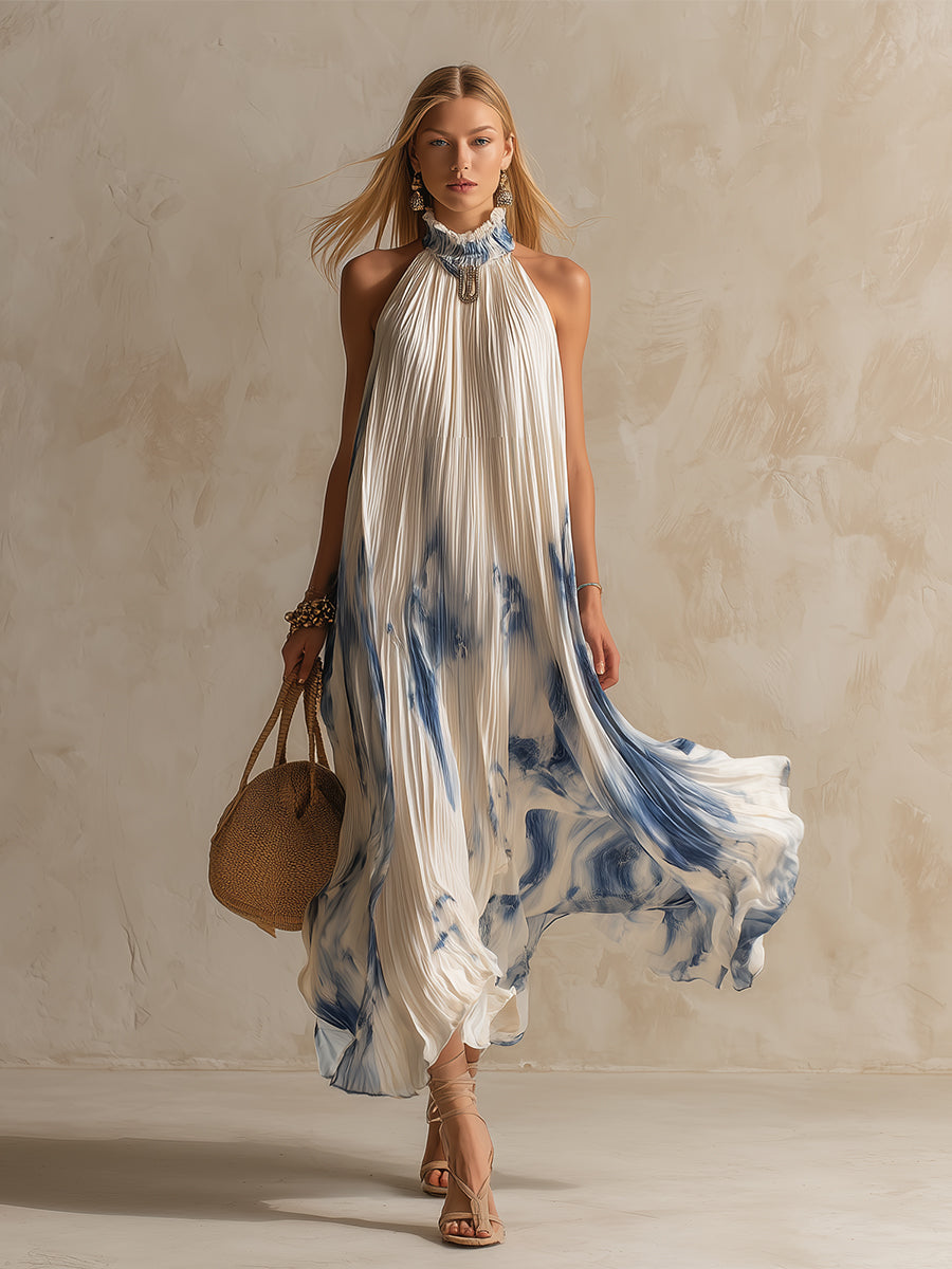 Elegant And Romantic Contrasting Color Printed White Pleated Chiffon Halter Neck Maxi Dress