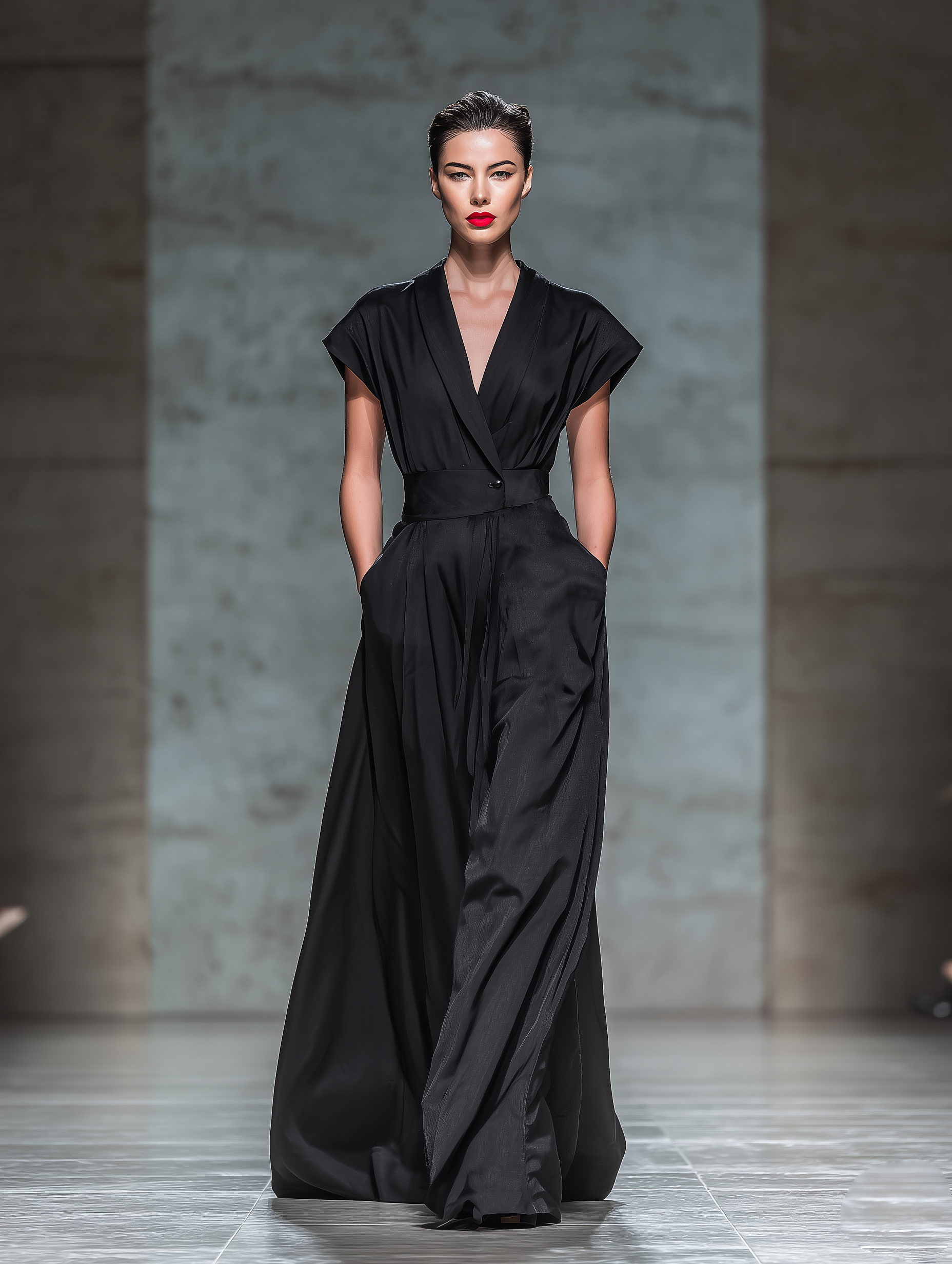 Women's Elegant Black Satin Short-sleeved Shirt-collar Maxi Dress MDZ0889A9AN