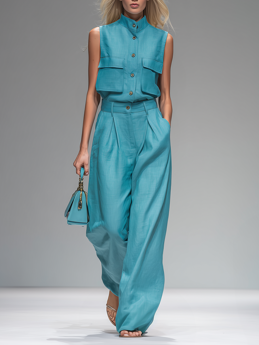 Retro-style Stand-up Collar Sleeveless And Linen-style Trousers Set