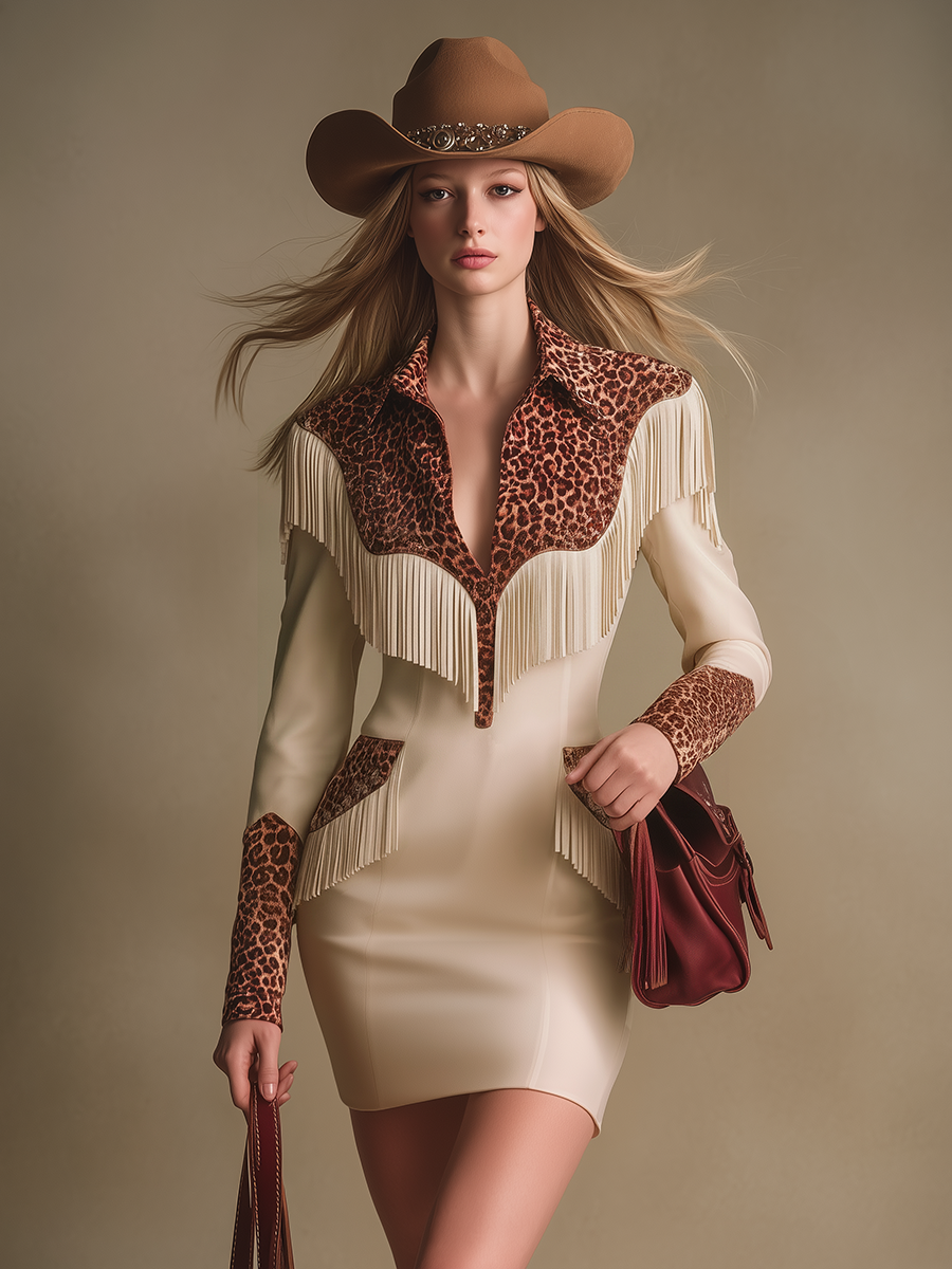 Western-style Lapel Leopard Print Patchwork Fringed Faux Suede Mini Dress