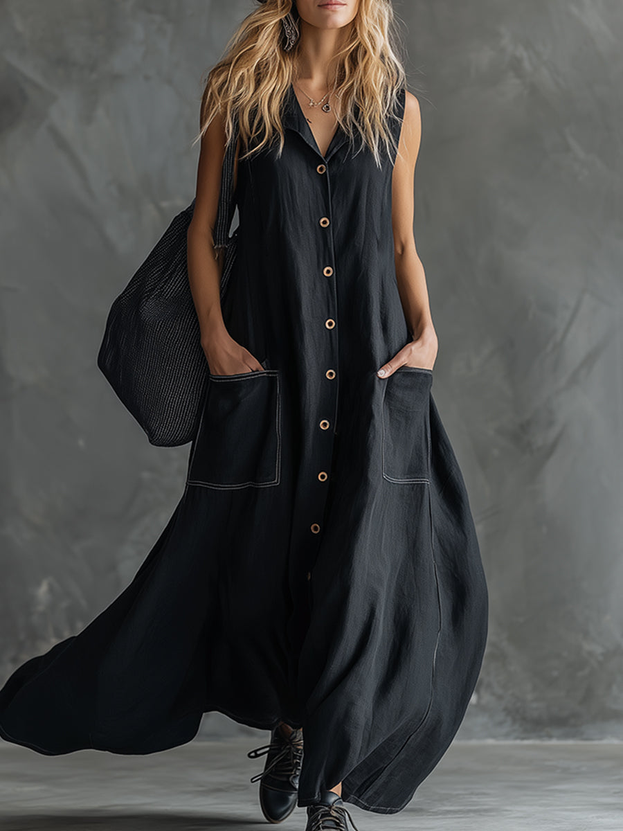 Elegant And Classic Black Cotton And Linen Sleeveless Maxi Dress