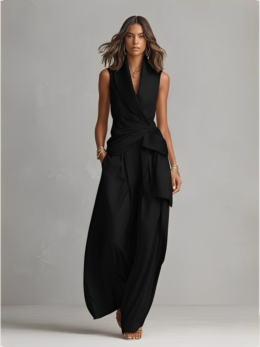 Women's Jet Black Structured Jumpsuit With Wide-Leg Pants & Side Pockets, Modern Bold-Elegant Style Jumpsuit MDZ1406A4I