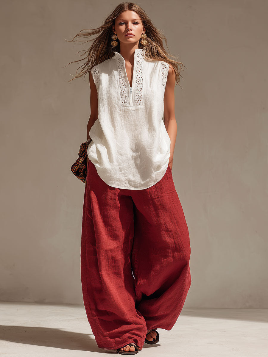 Vacation Retro Lace White Cotton Sleeveless Shirt And Red Pants Set