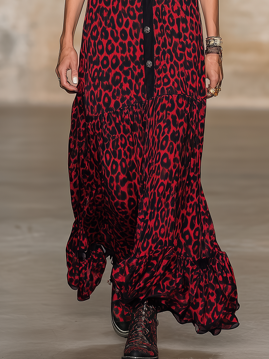 Loose-fitting, Western-style Leopard Print Matte Satin Sleeveless Red Maxi Dress