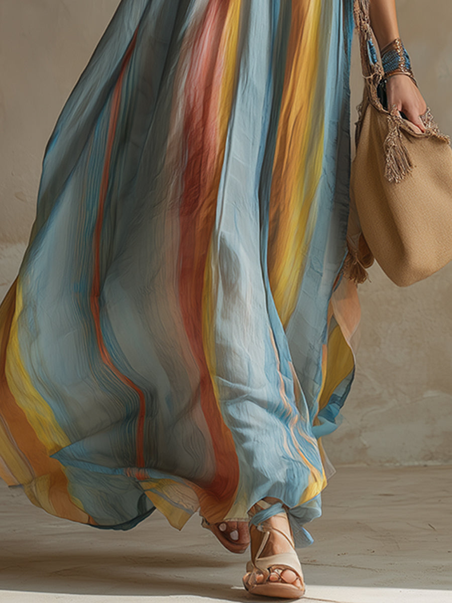 Romantic Vacation Blue Rainbow Print Chiffon Maxi Dress