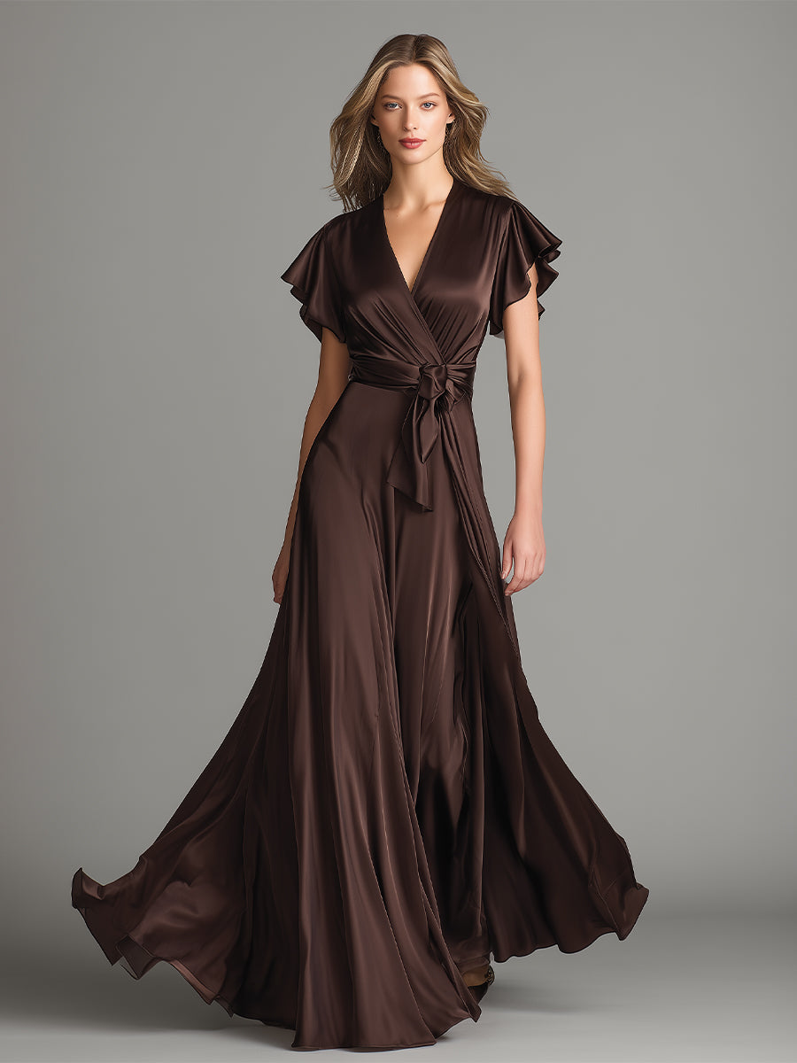 Women's Chocolate Satin Dress With Ruffled Sleeves & Wrap Detail, Timeless Romantic-Luxe Style Dress MDZ0974A4I