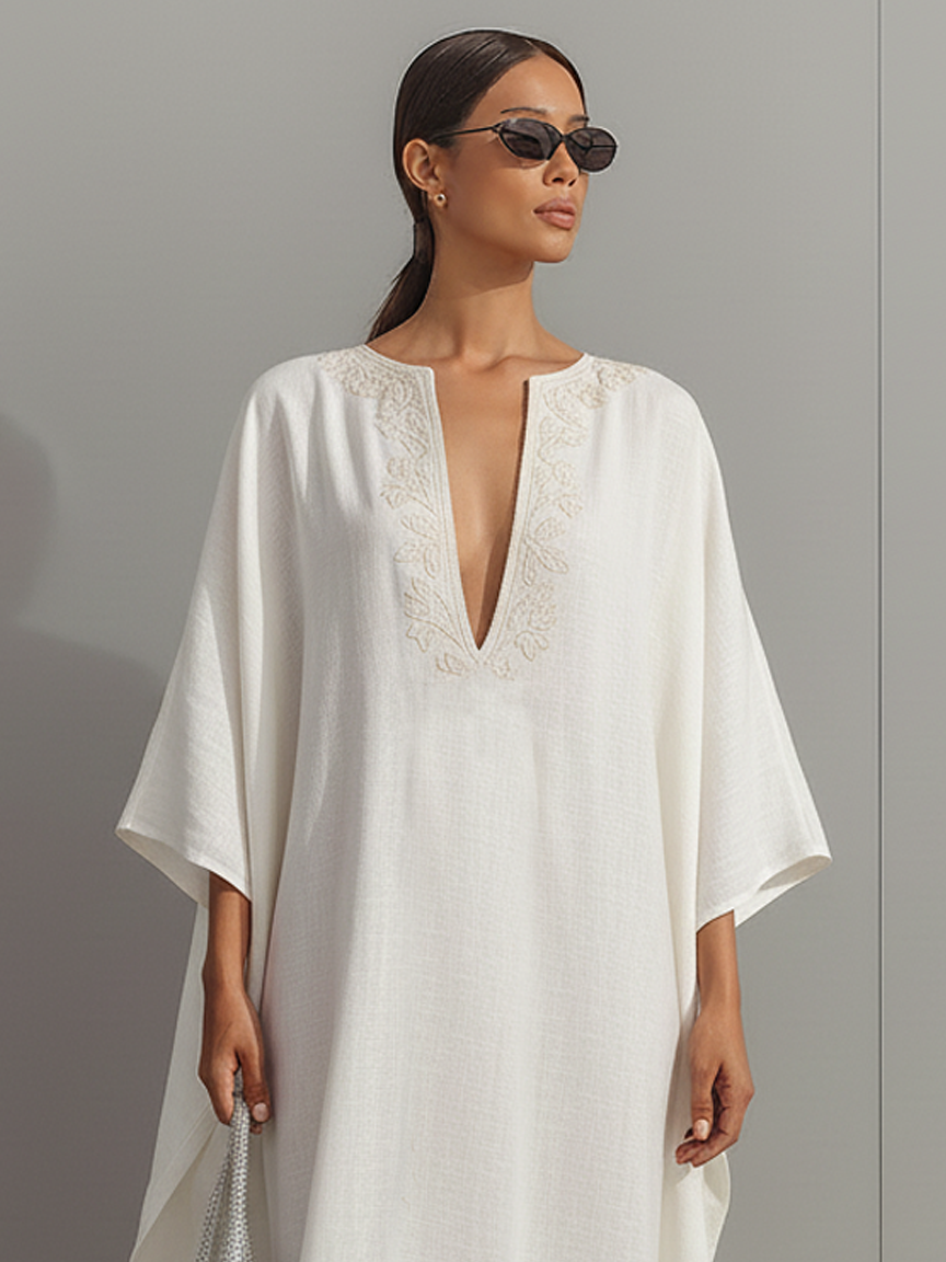Women's Minimalist Loose-fitting Linen Blend Maxi Dress With Embroidered Neckline MDZ0546A6Y