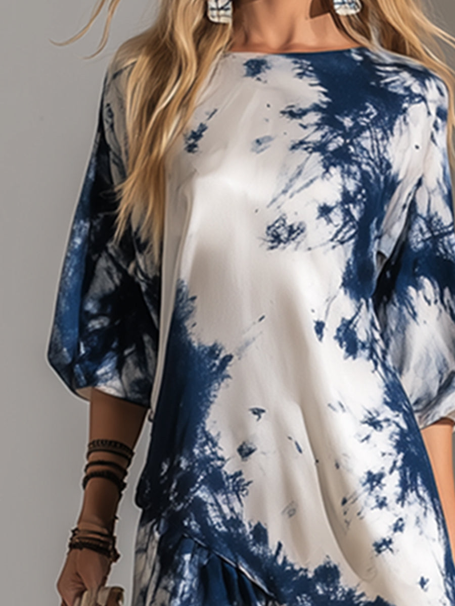 Elegant And Sophisticated Tie-dye Printed White Satin Maxi Dress