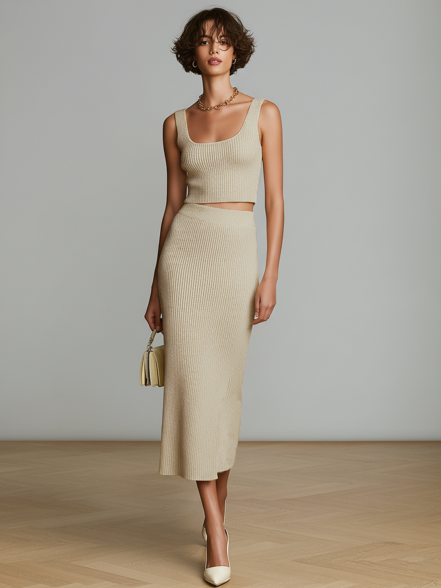 Women's Minimalist Lightweight Knitted Tank Top And Skirt Set MDZ1468A3Y
