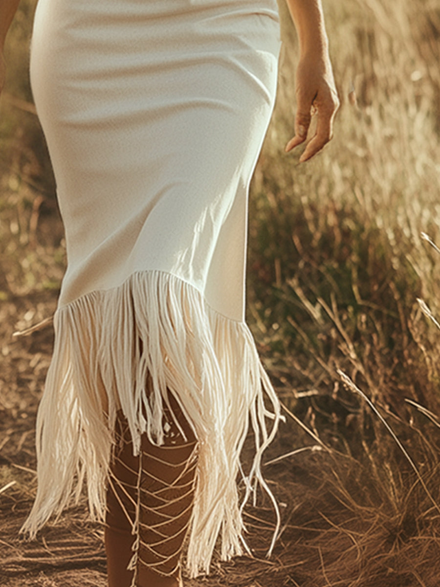 Vintage Western Cowboy Off-White Faux Denim Half-Zip Tassel Sleeveless Maxi Dress