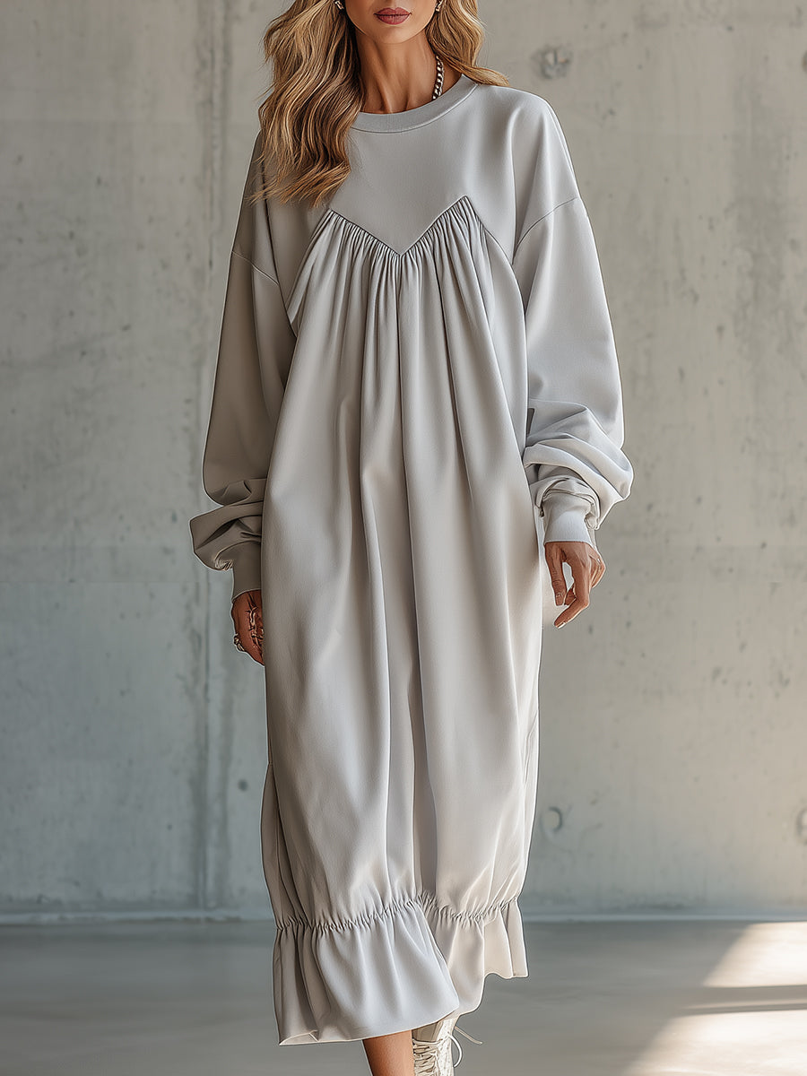 Casual Sporty Pleated Ruffle Gray Maxi Dress