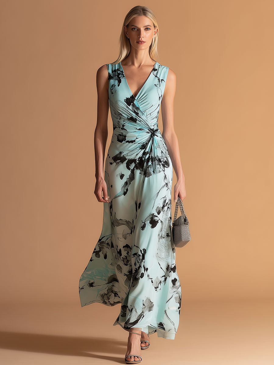 Elegant And Retro V-neck Black Floral Print Blue Satin Maxi Dress