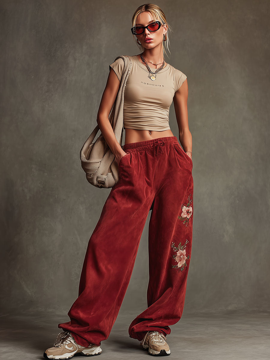 Western-style Retro Floral Embroidered Red Faux Suede Wide-leg Athletic Pants
