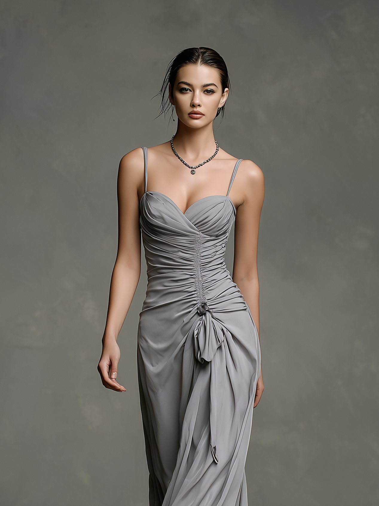 Women's Fashionable Gray Chiffon Sleeveless Maxi Dress With Ruched Waist MDZ0614A9AN