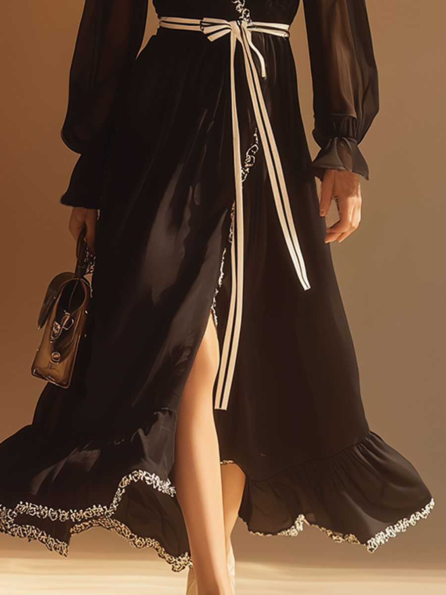 Stylish Vintage White Lace-trimmed Black V-neck Chiffon Midi Dress