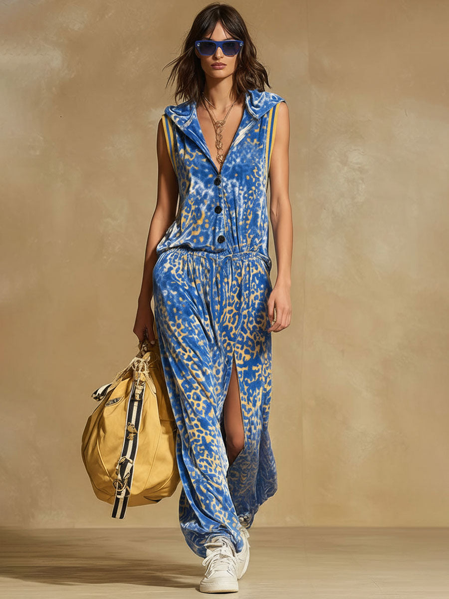 Hooded Leopard Print Slit Velvet Sleeveless Maxi Dress
