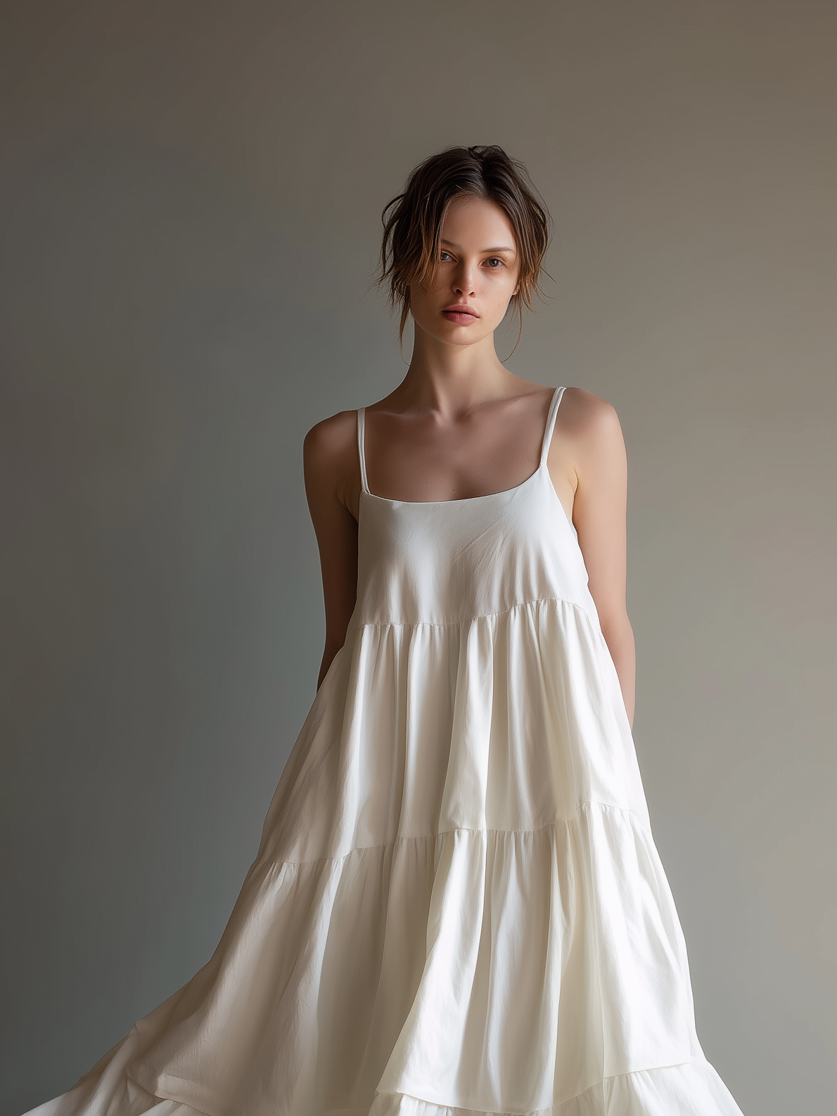 Women's Elegant White Woven Sleeveless Spaghetti Strap Loose Maxi Dress MDZ0950A4AN
