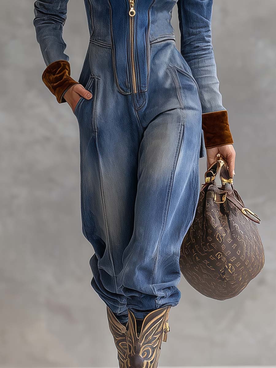Vintage Casual Western Hooded V-neck Zipper Velvet Stitching Blue Denim Jumpsuit