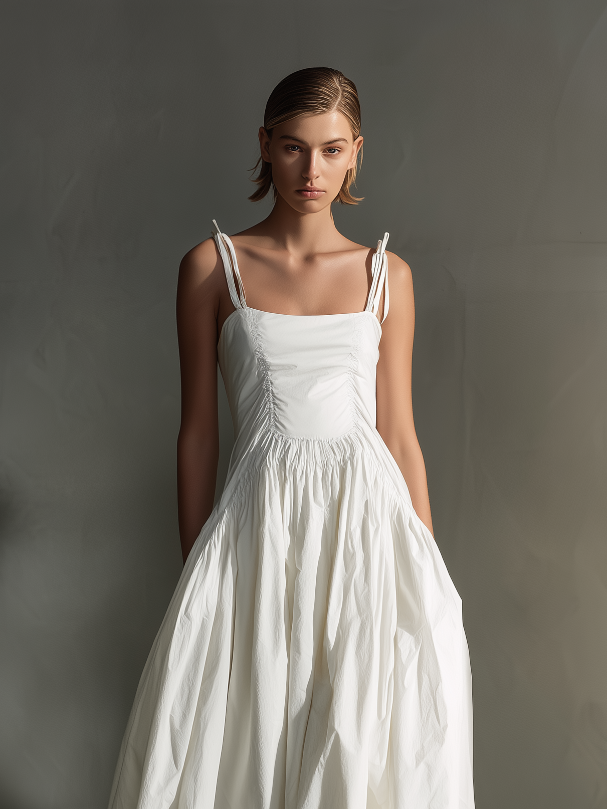 Women's Elegant White Woven Sleeveless Slip Dress With Elasticated And Ruched Waist MDZ0931A0AN