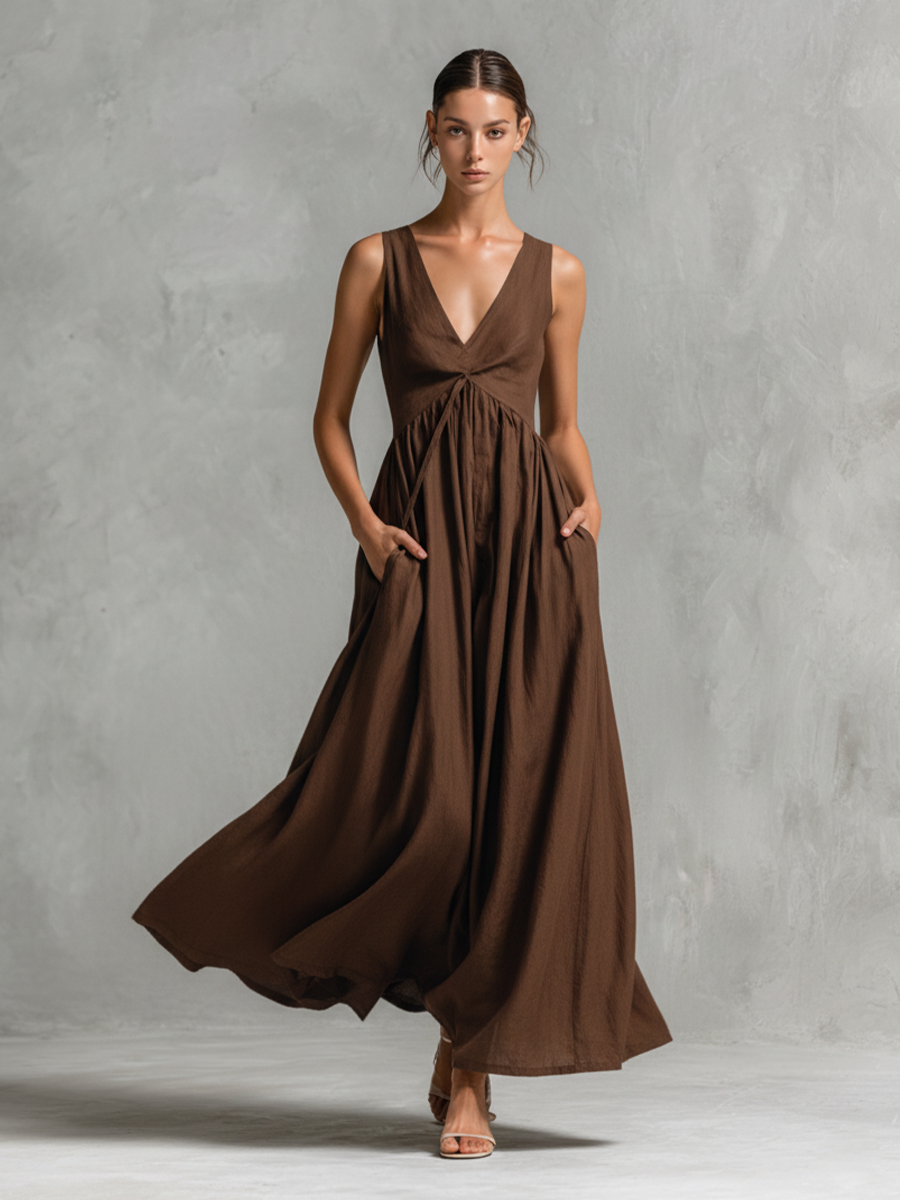 Women's Vintage Brown Cotton And Linen V-neck Sleeveless Pleated Midi Dress MDZ1537A9BA