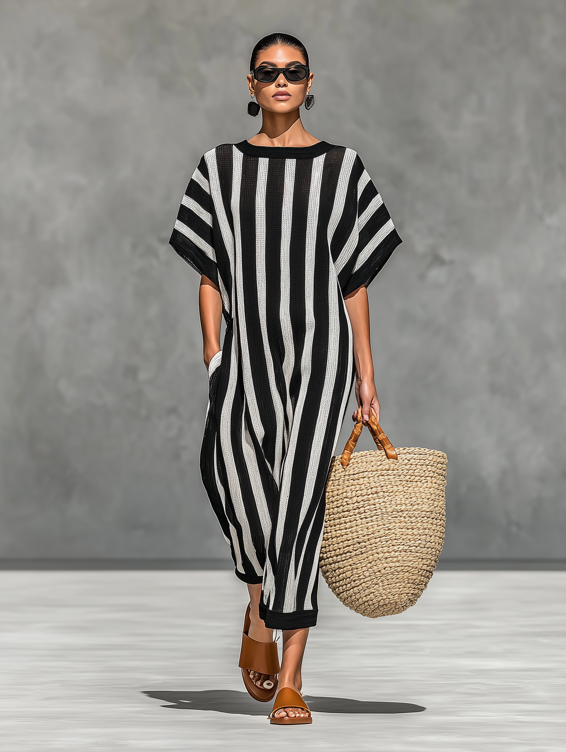 Women's Minimalist Black And White Striped Knitted Sheer Jumpsuit MDZ0911A4Y