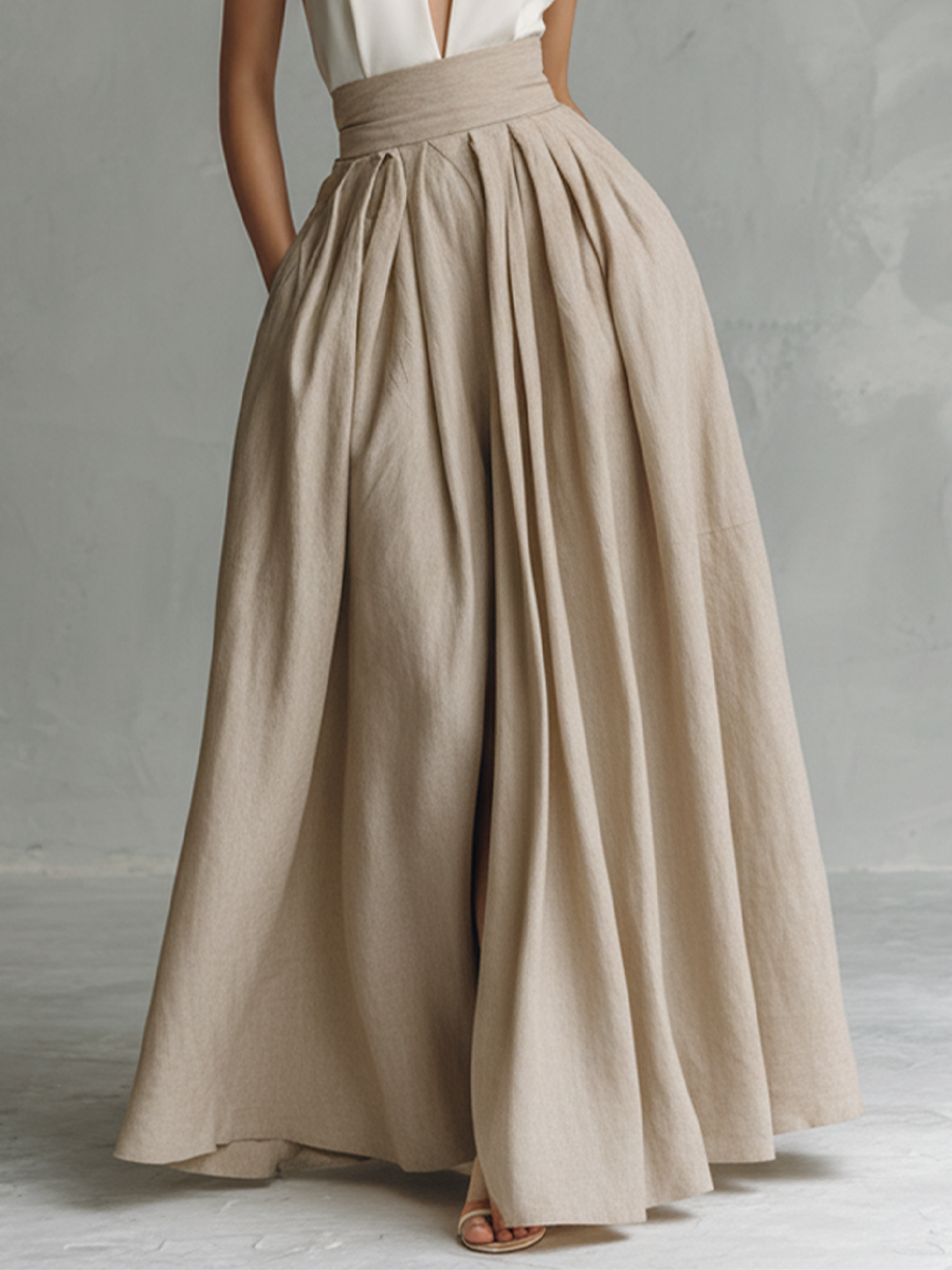 Women's Minimalist White And Khaki Color-blocked Long Dress With A Cinched Waist MDZ1503A1BA