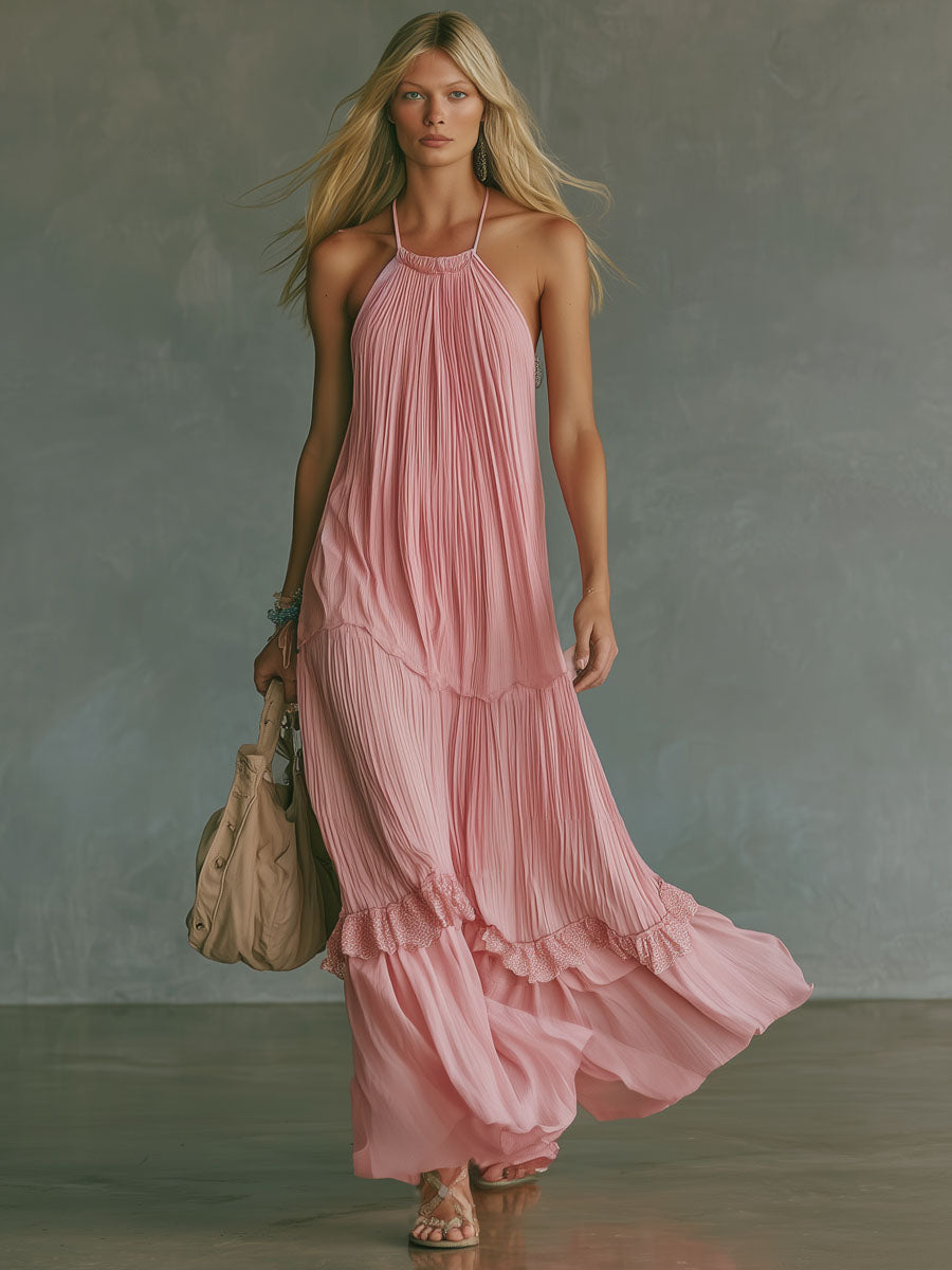 Pink Halter-neck Pleated Chiffon Sleeveless Maxi Dress