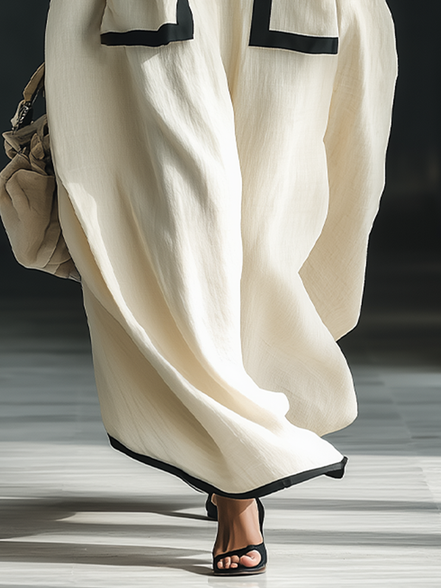 Women's Beige Cotton And Linen Blend Square-Neck Maxi Dress With Black Trim & Oversized Pockets MDZ1507A0T