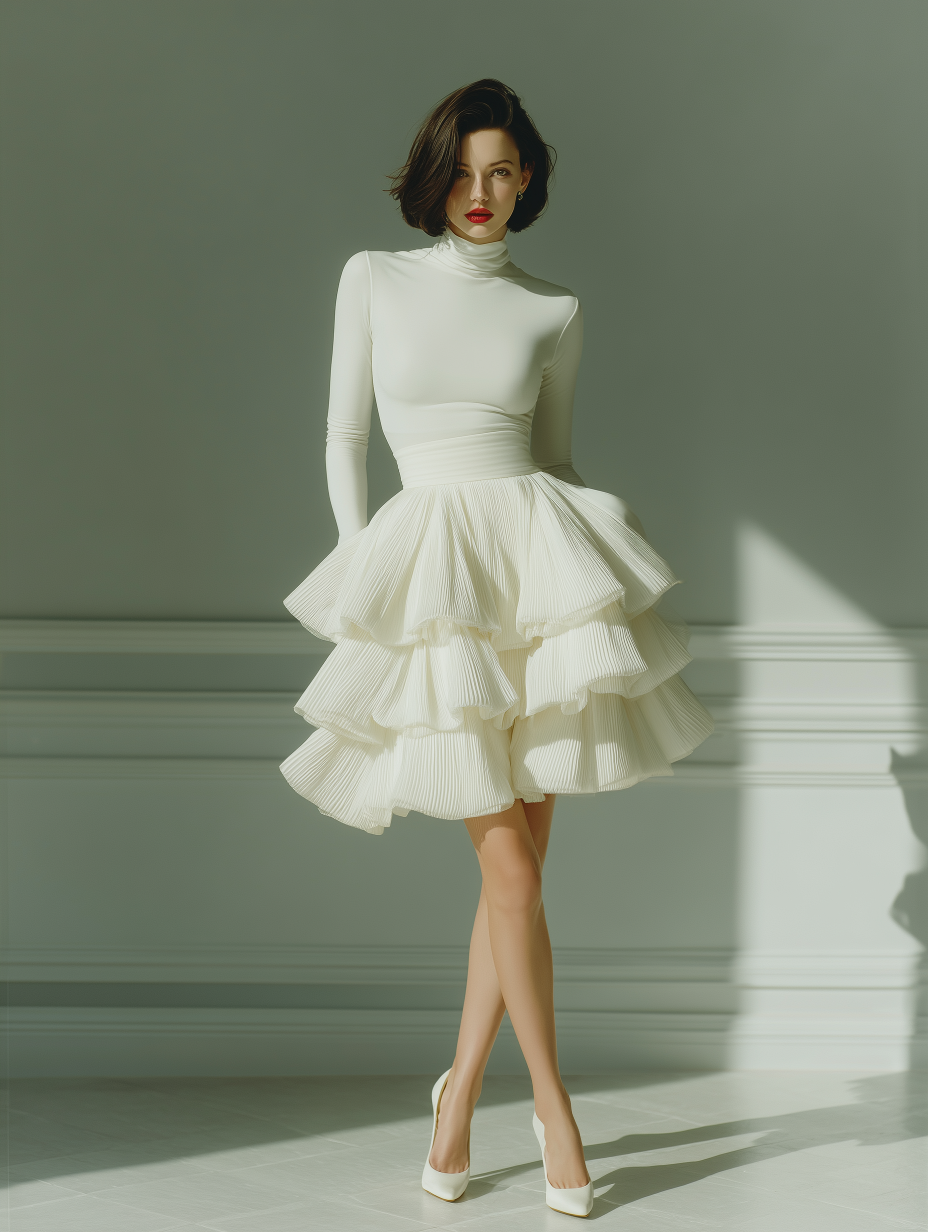 Women's White Stretch Knit Fabric Turtleneck Long-Sleeve Top & Chiffon Tiered Pleated Mini Skirt Set MDZ0642A7T