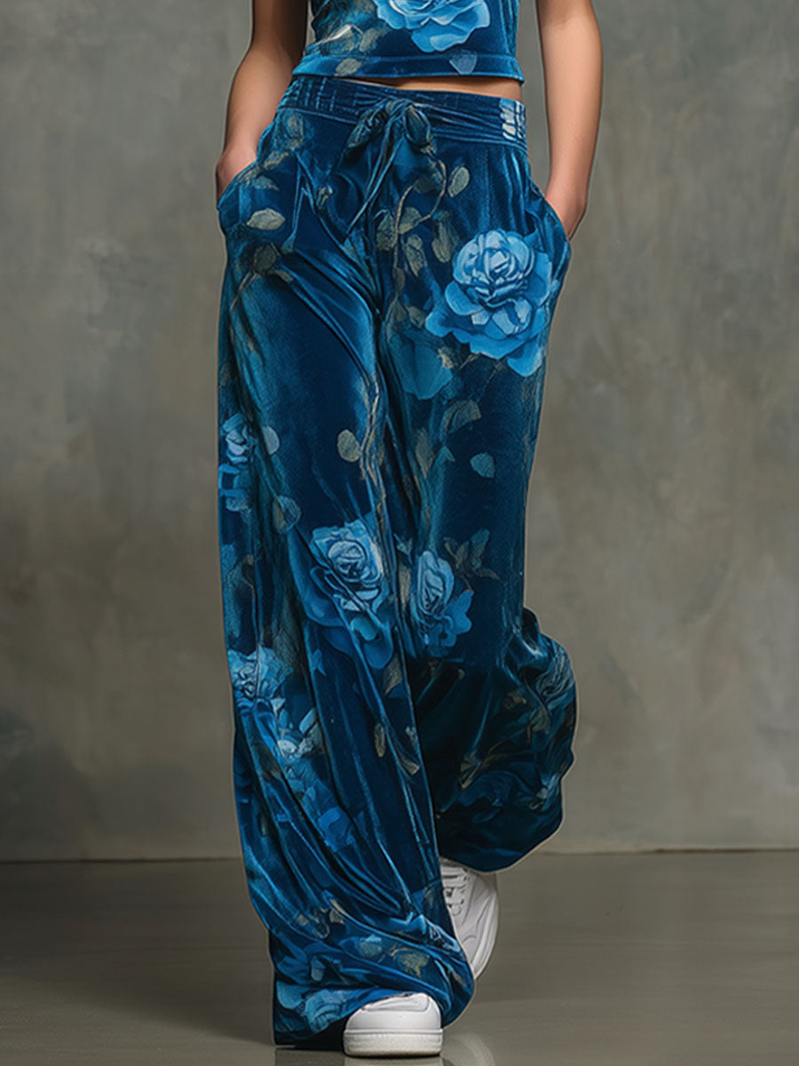 Vintage Floral Print Velvet High-neck Sleeveless Top And Pants Set