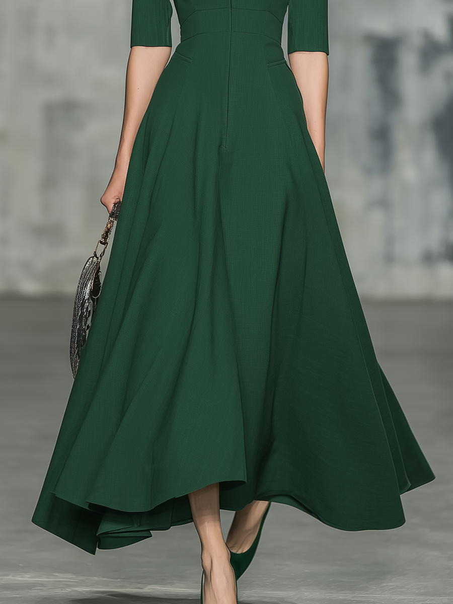 Elegant And Sophisticated Half-zip Short-sleeved Green A-line Maxi Dress