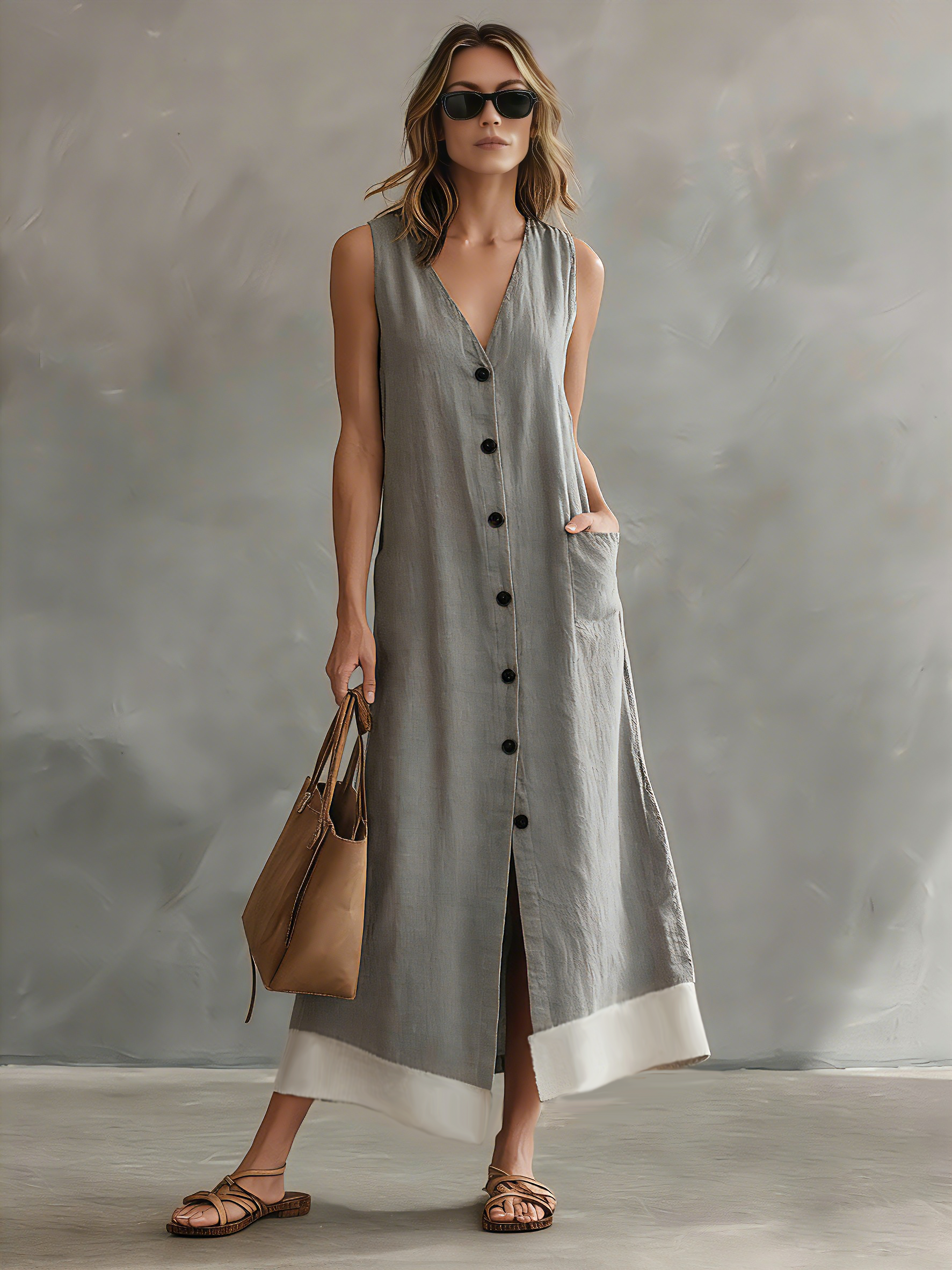 Women's Elegant Gray Woven V-neck Sleeveless Maxi Dress MDZ1590A1AN