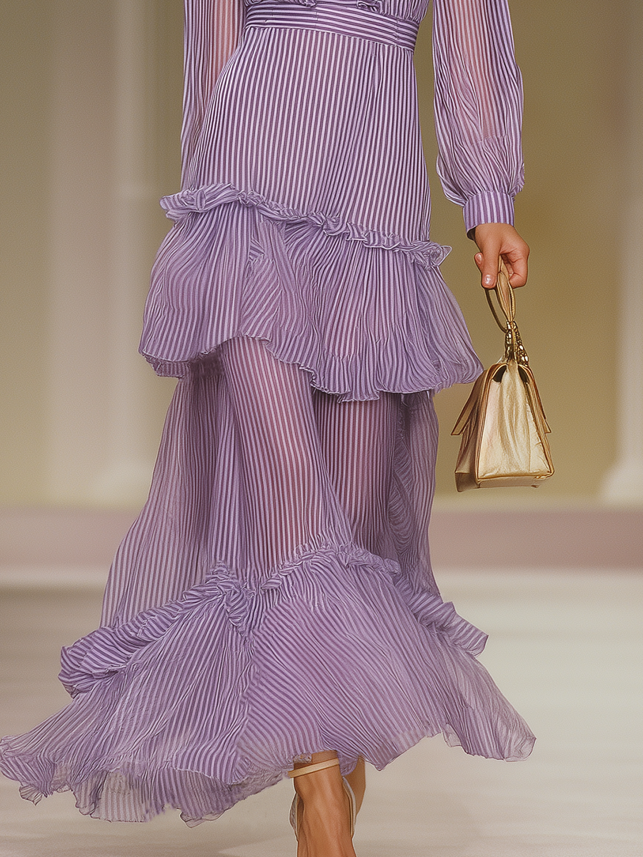 Elegant And Fashionable Ruffled Striped Chiffon Long Dress