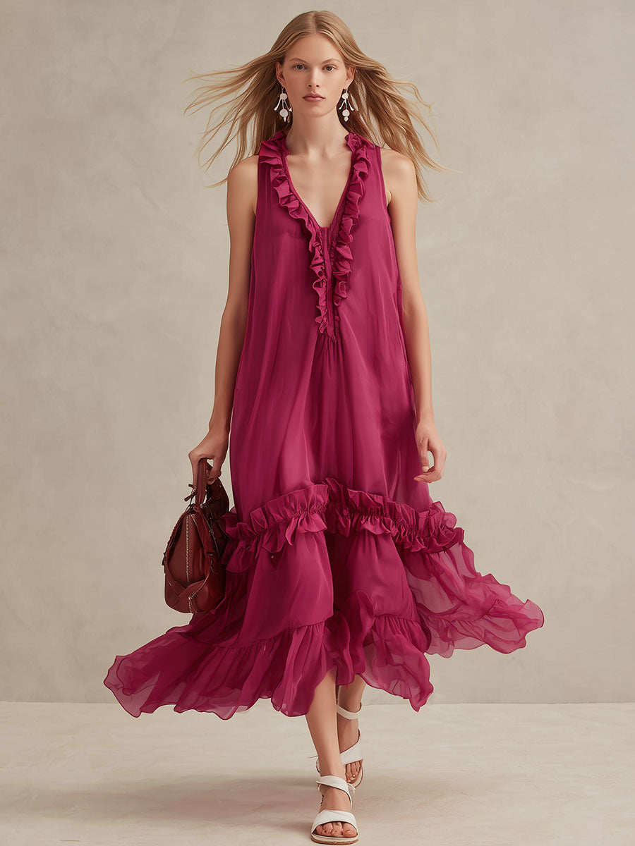 Casual Vacation Style Fuchsia Sleeveless V-neck Ruffle Midi Dress