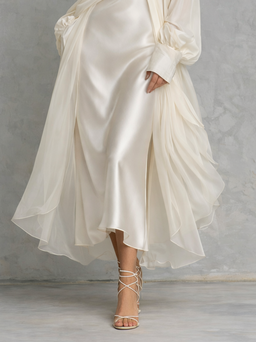 Elegant Women's White Satin And Chiffon Off-the-shoulder Midi Dress With Spaghetti Straps MDZ1599A0BA