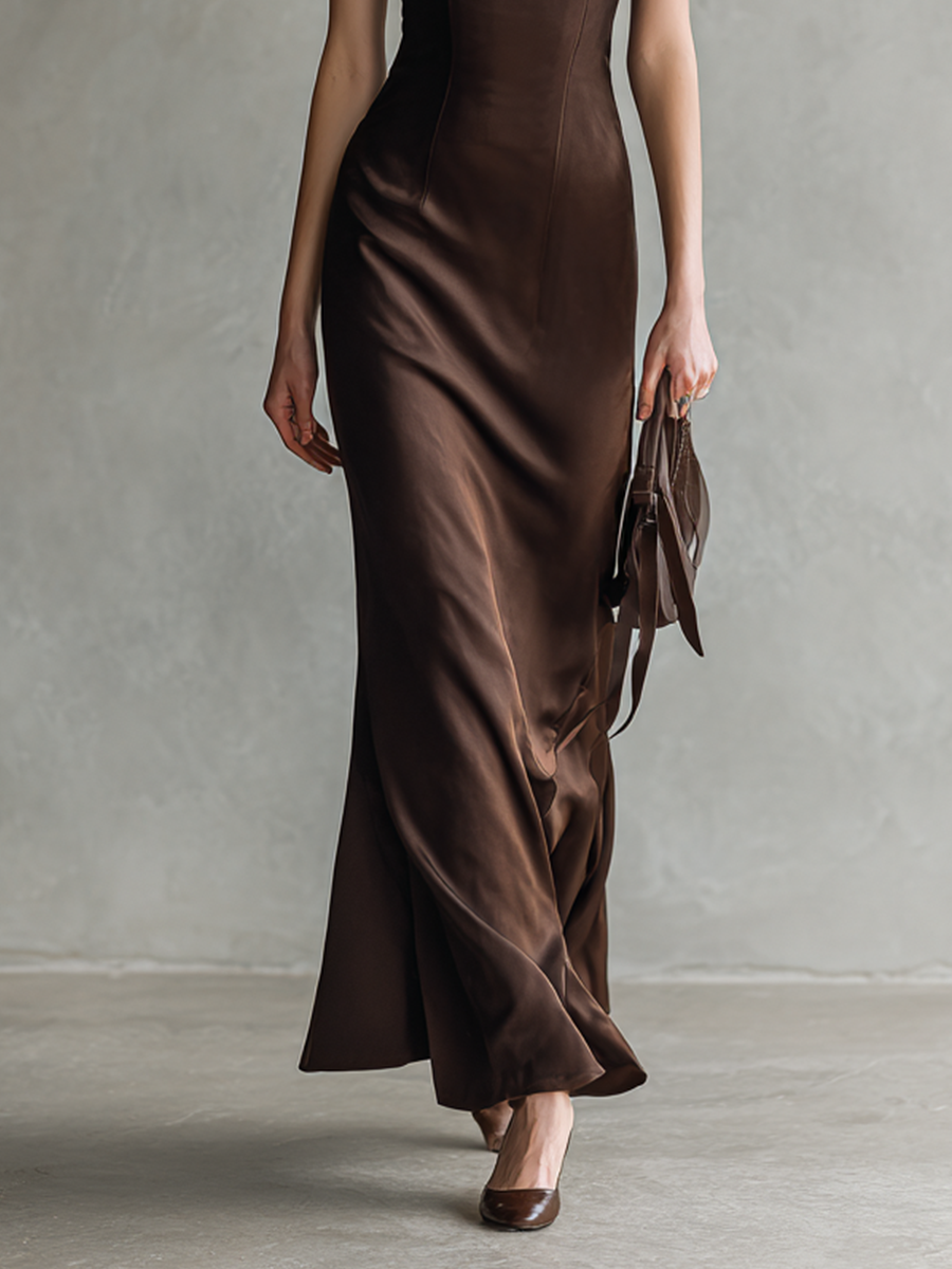 Women's Vintage Black And Brown Satin Square-neck Patchwork Sleeveless Midi Dress MDZ1566A9BA