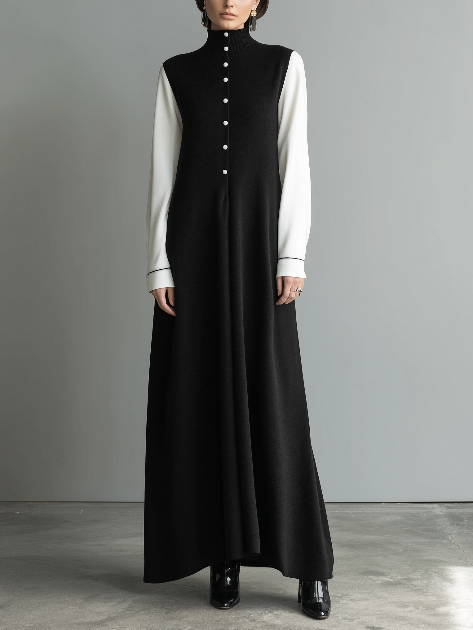 Women's Elegant Black Knitted High-neck Long-sleeved Dress With Button Closure MDZ0736A8AN