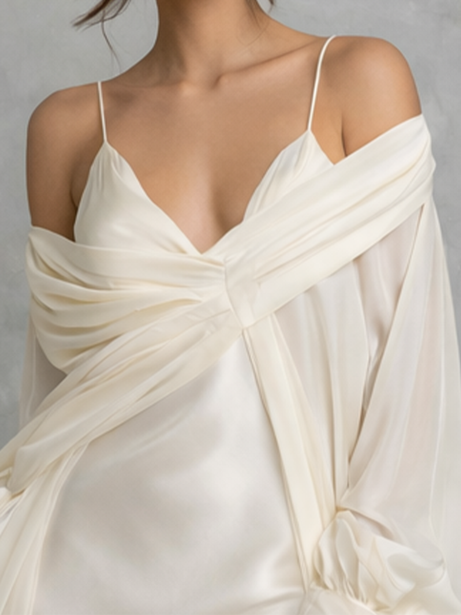 Elegant Women's White Satin And Chiffon Off-the-shoulder Midi Dress With Spaghetti Straps MDZ1599A0BA