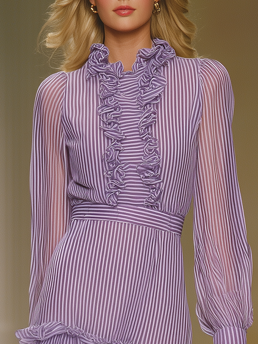 Elegant And Fashionable Ruffled Striped Chiffon Long Dress