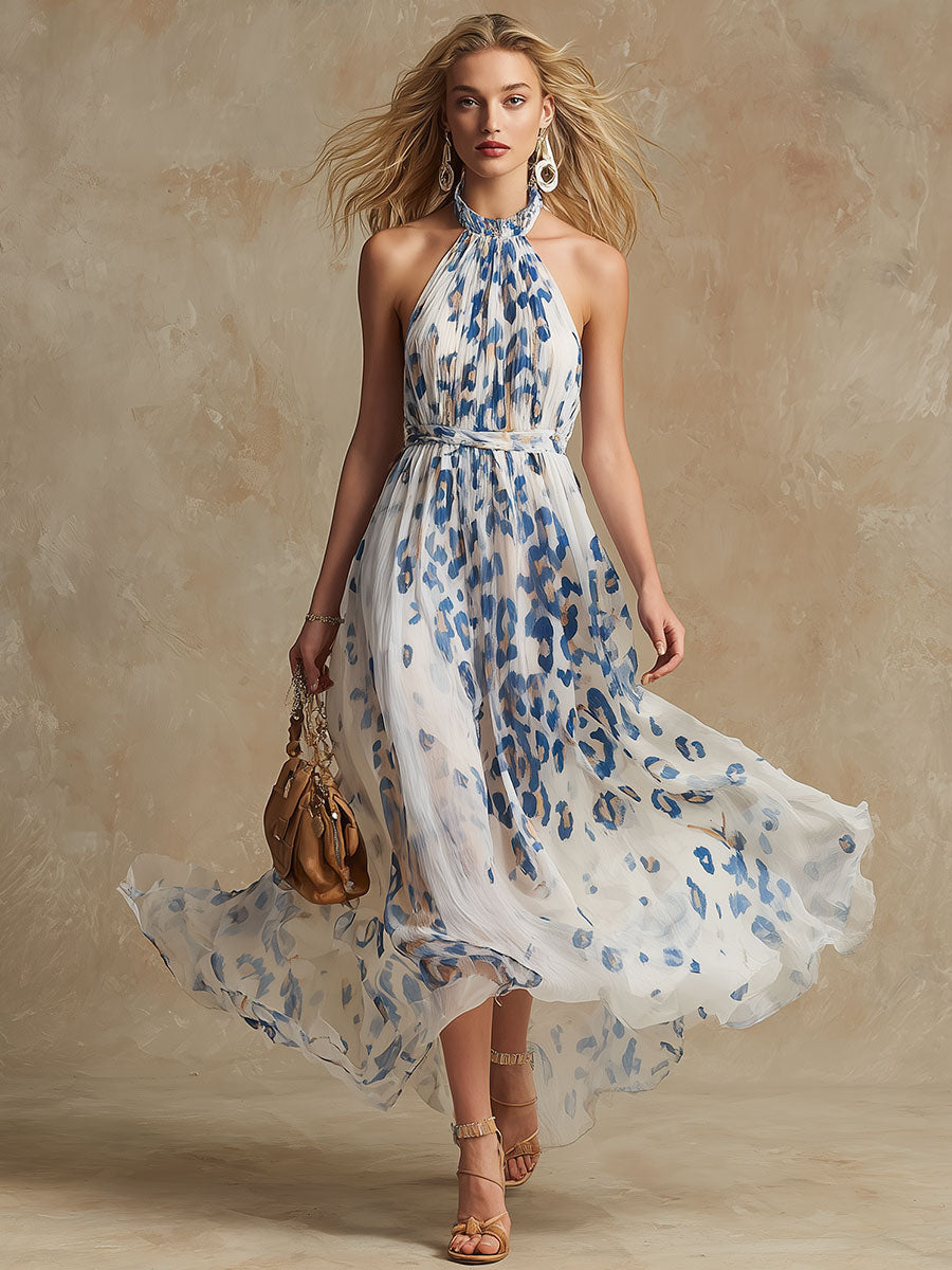 Elegant Retro Blue Leopard Print White Chiffon Maxi Dress