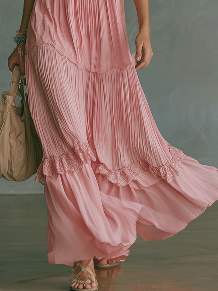 Pink Halter-neck Pleated Chiffon Sleeveless Maxi Dress
