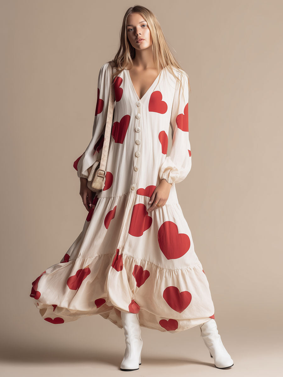 V-neck Button-down Heart-print Ruffled Long-sleeved Maxi Dress
