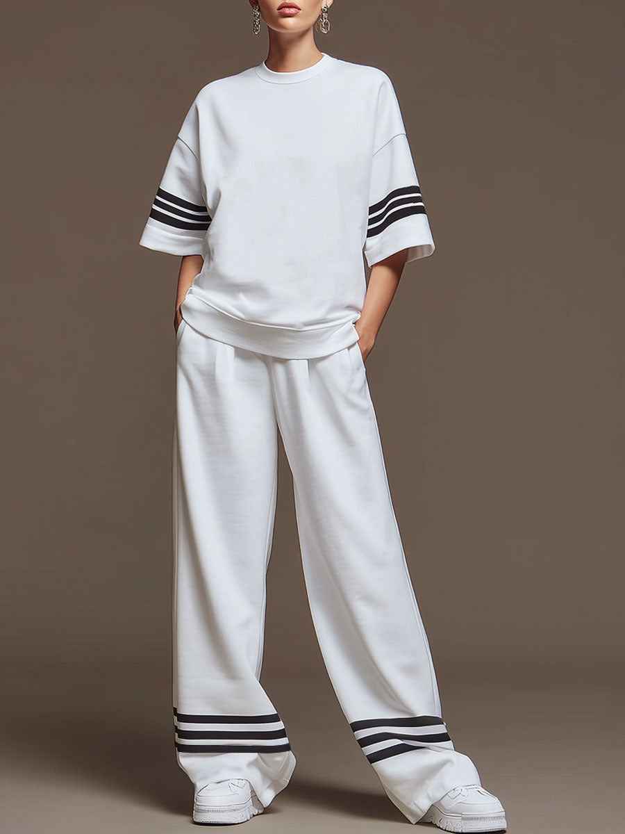 Casual Sporty Retro Striped White Cotton Short-Sleeve T-Shirt And Wide-Leg Pants Set