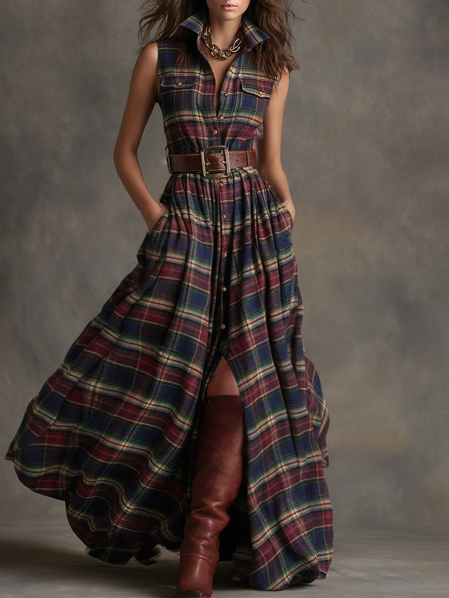 Retro Ethnic Style Lapel Collar Plaid Sleeveless Maxi Dress