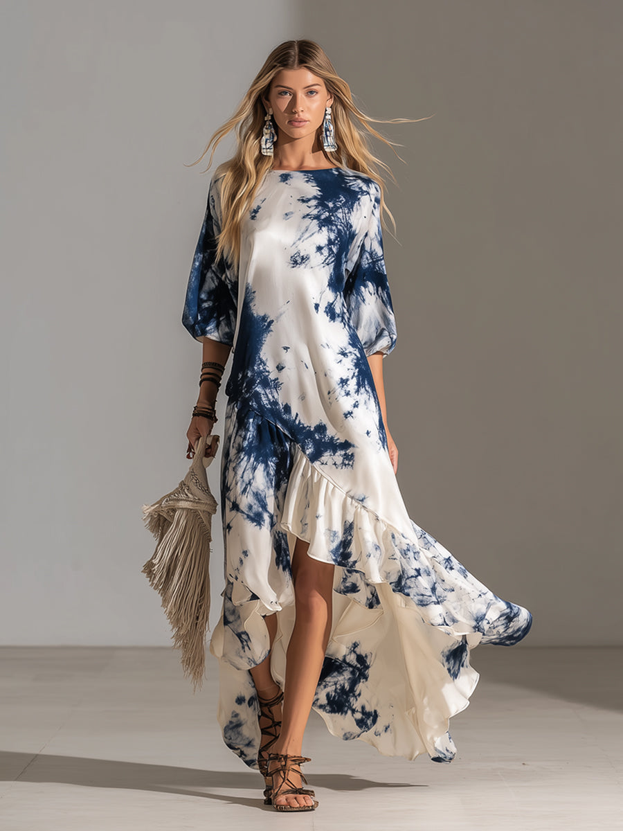 Elegant And Sophisticated Tie-dye Printed White Satin Maxi Dress