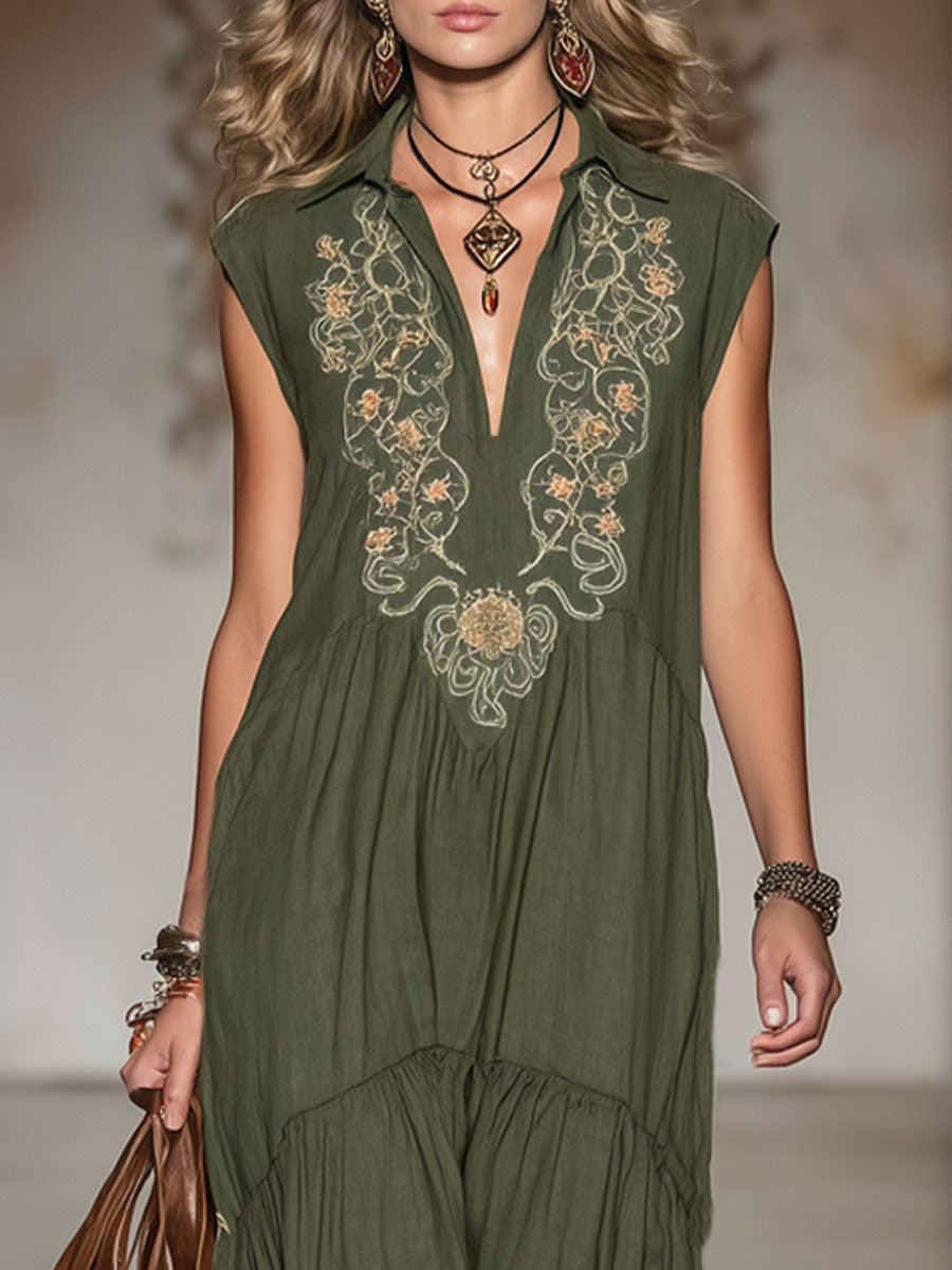 Lapel V-neck Vintage Embroidered Cotton And Linen Sleeveless Maxi Dress