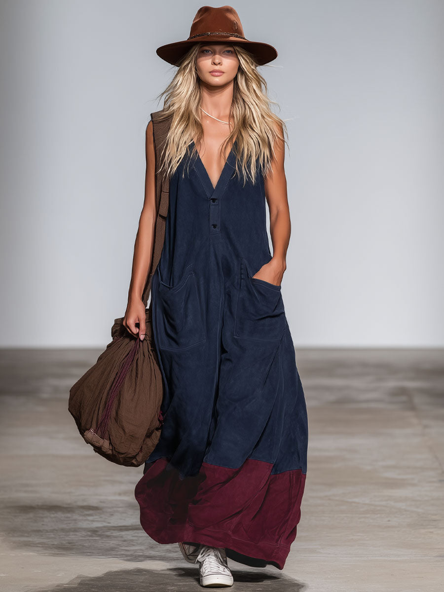 Western Style V-neck Double Pocket Color-blocked Faux Suede Sleeveless Maxi Dress
