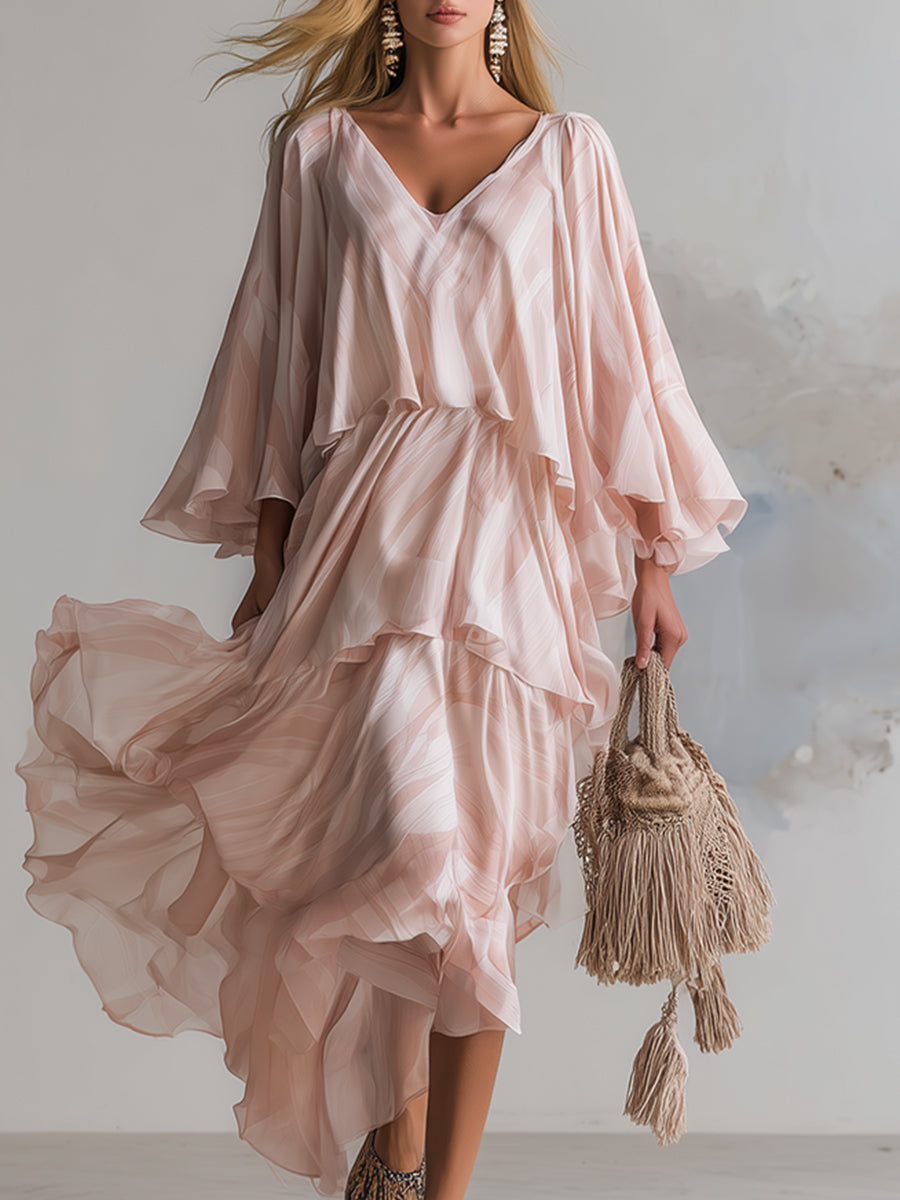 Elegant And Romantic Pink Floral Print Layered Flared Sleeved Maxi Dress